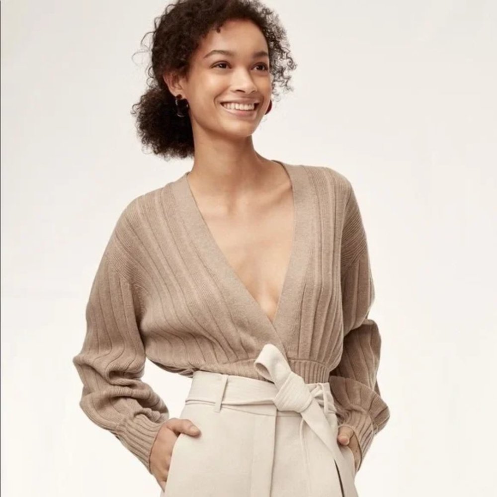 Aritzia Wilfred Thais Plunge Front Cardigan in Camel